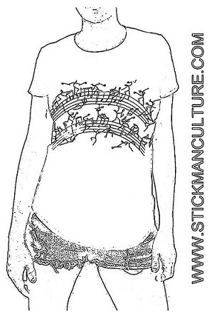 moça jovem com t-shirt cheia de notas musicias e stickman